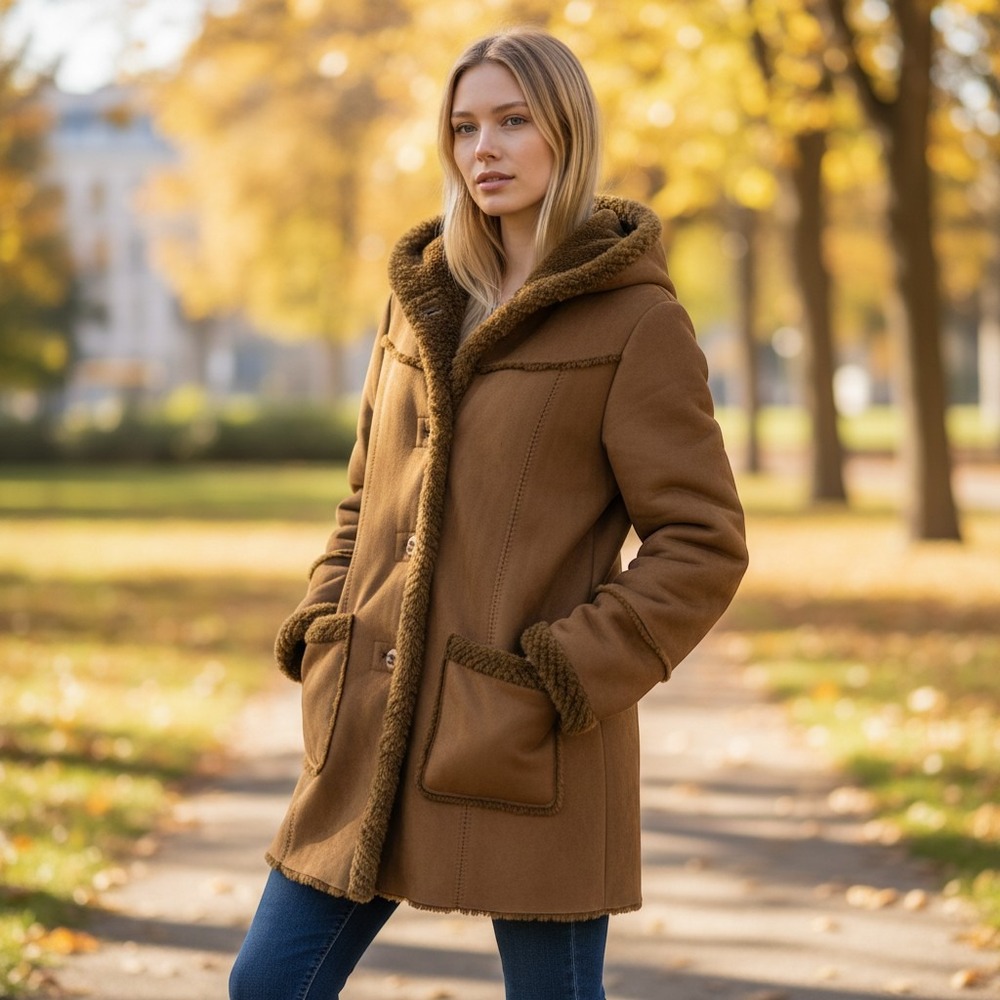 St Johns Bay Brown Faux Shearling Hooded Coat Large Vintage Suede Faux Fur Parka